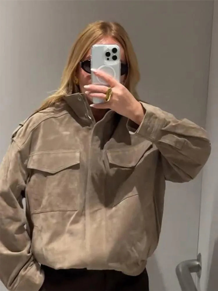 Fashion Suede Solid Coats Women Stand Neck Full Sleeve Zipper Pocket Jackets 2025 Autumn Winter New Female Moto Style Outerwear