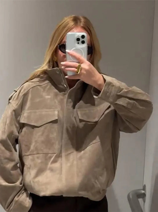 Fashion Suede Solid Coats Women Stand Neck Full Sleeve Zipper Pocket Jackets 2025 Autumn Winter New Female Moto Style Outerwear