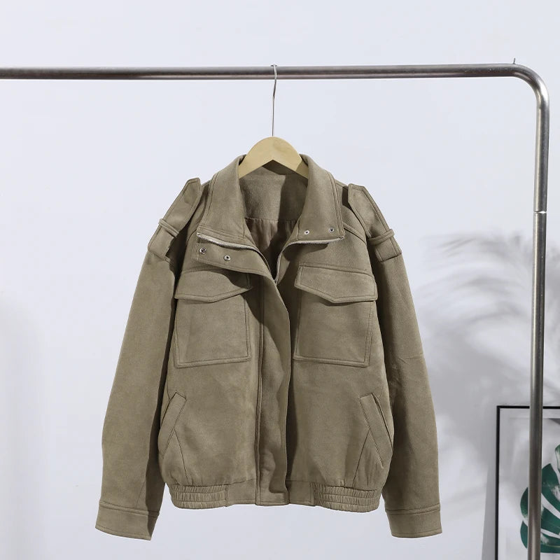 Fashion Suede Solid Coats Women Stand Neck Full Sleeve Zipper Pocket Jackets 2025 Autumn Winter New Female Moto Style Outerwear
