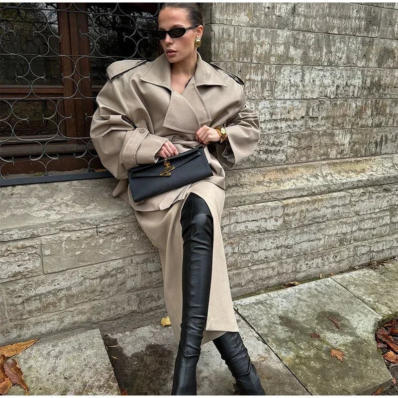 Solid Belted Oversized Windbreaker Women's Fashion Full Sleeve Button Loose Long Coat 2025 Office Lady Daily Commute Overcoats