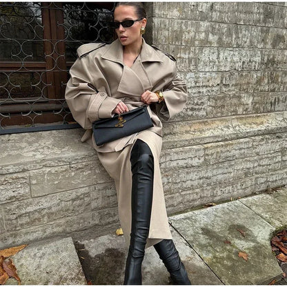 Solid Belted Oversized Windbreaker Women's Fashion Full Sleeve Button Loose Long Coat 2025 Office Lady Daily Commute Overcoats