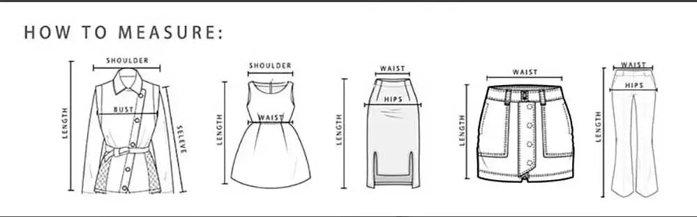Illustration showing how to measure various clothing items with labeled dimensions.