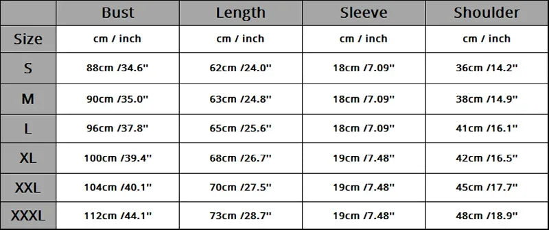 Measurement chart for clothing sizes S to XXXL with details on bust, length, sleeve, and shoulder measurements.