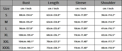 Measurement chart for clothing sizes S to XXXL with details on bust, length, sleeve, and shoulder measurements.