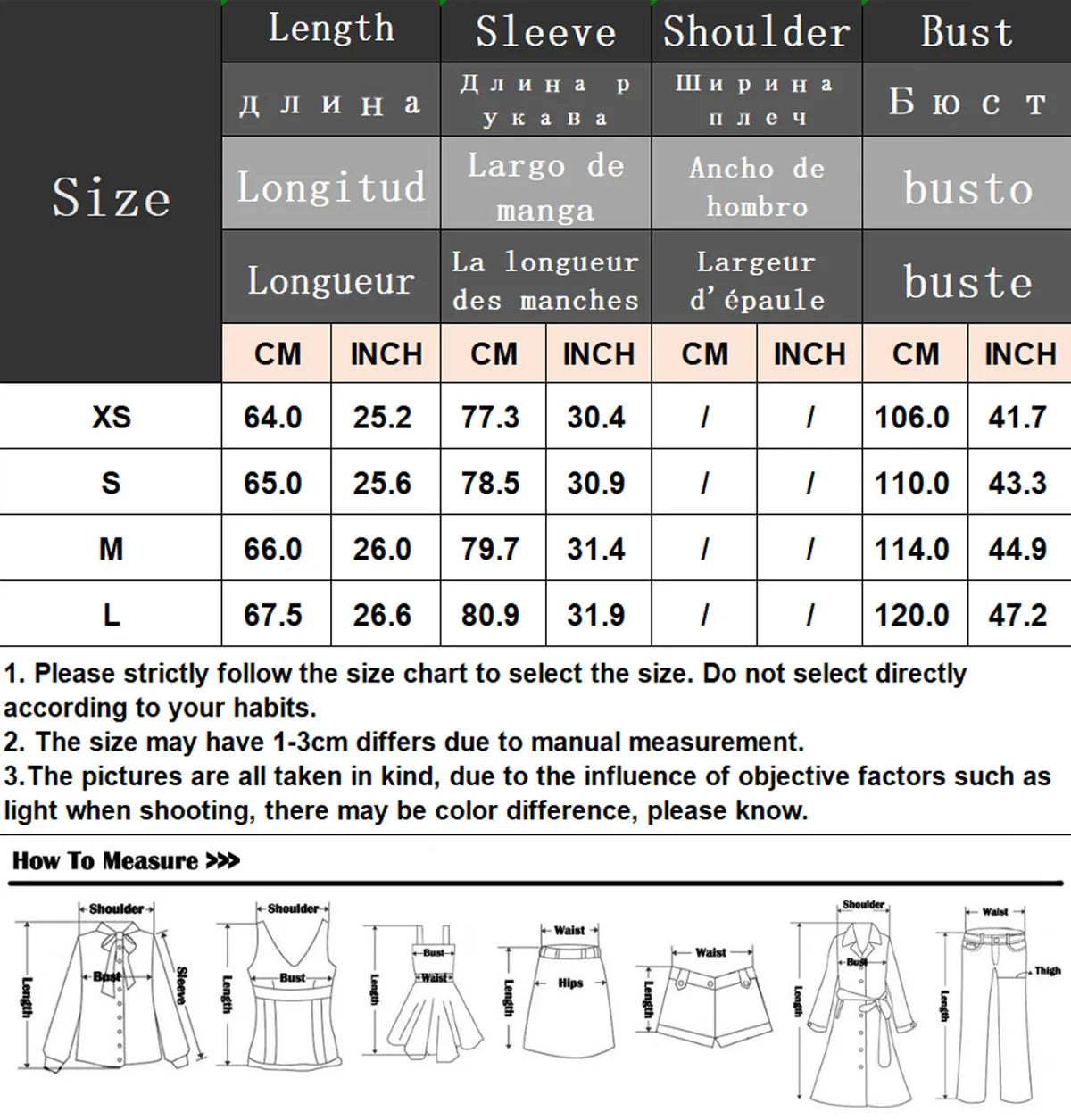 Size chart for clothing measurements in centimeters and inches