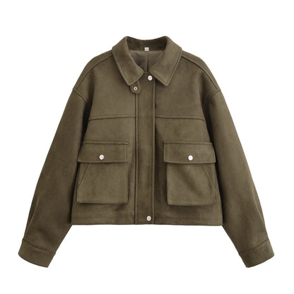 YENKYE Women Front Patch Pockets Faux Leather Bomber Jacket Long Sleeve Zipper Autumn Winter Coat 2025 Loose Outerwear