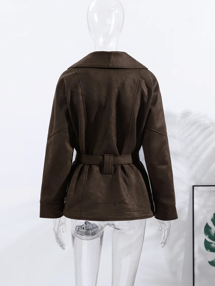 2025 Autumn New Belt Suede Jackets Women Lapel Long Sleeve One Button Lace Up Jacket Vintage Brown Loose Lady Outerwears Street