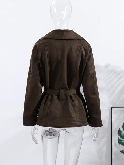 2025 Autumn New Belt Suede Jackets Women Lapel Long Sleeve One Button Lace Up Jacket Vintage Brown Loose Lady Outerwears Street