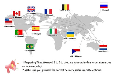 World map with delivery time indicators to various countries, showing preparation time and contact information.