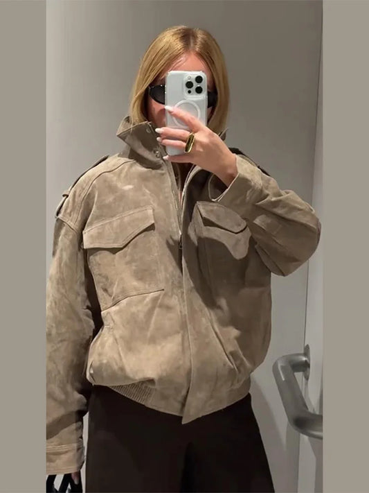 Fashion Suede Solid Coats Women Stand Neck Full Sleeve Zipper Pocket Jackets 2025 Autumn Winter New Female Moto Style Outerwear