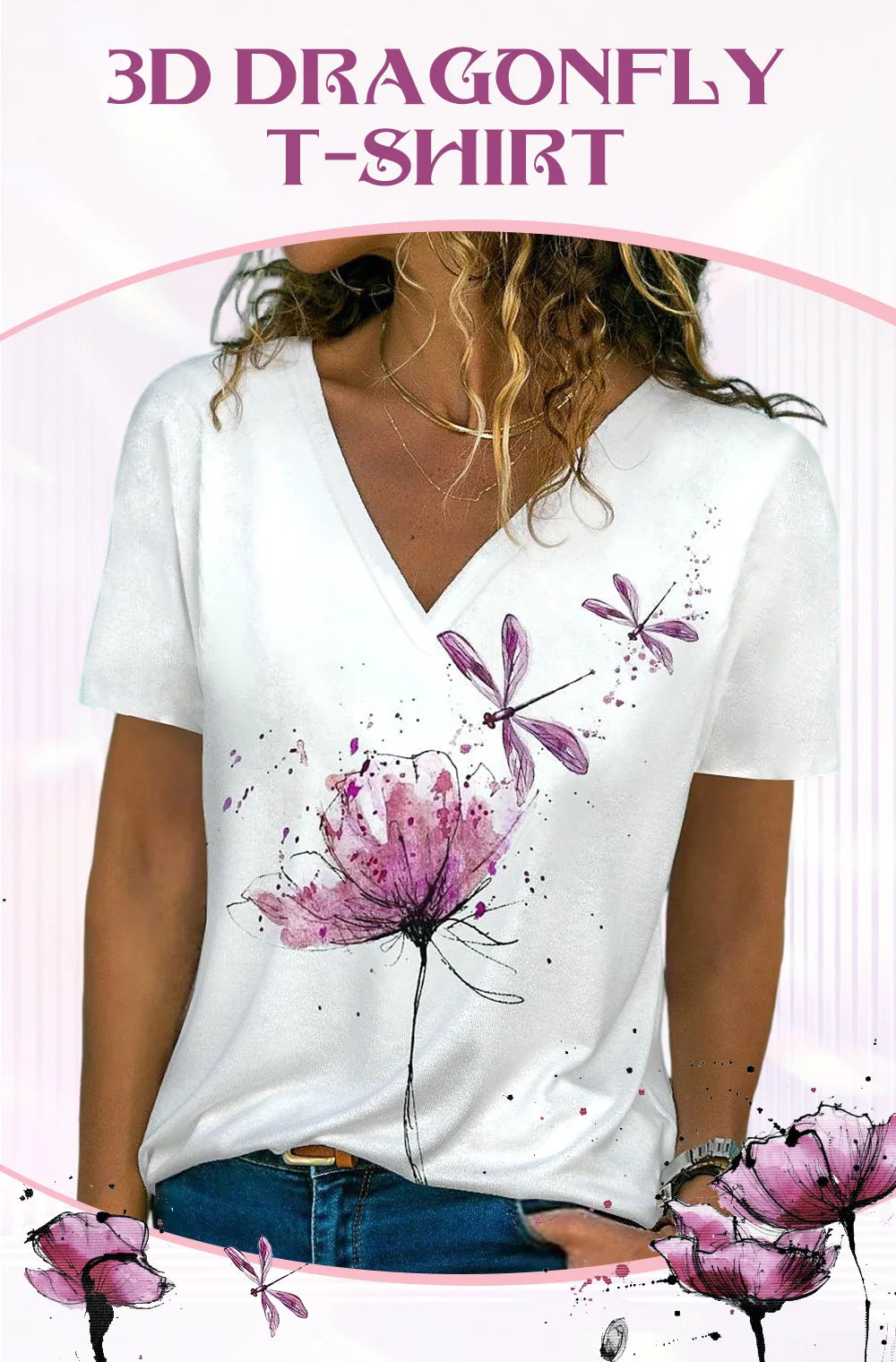 White t-shirt with pink dragonfly design worn by a model on a white background