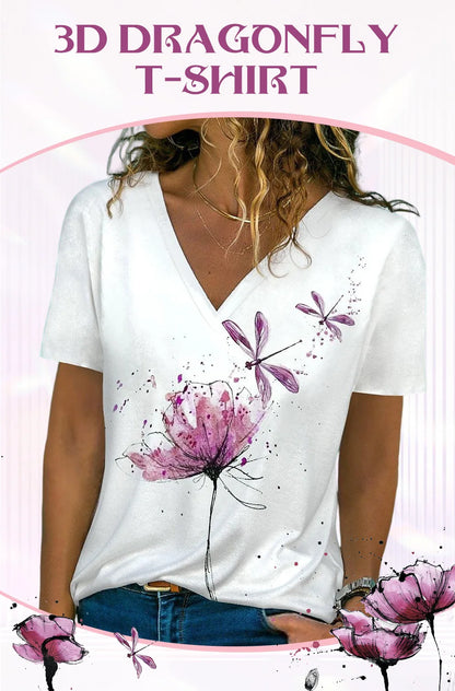 White t-shirt with pink dragonfly design worn by a model on a white background