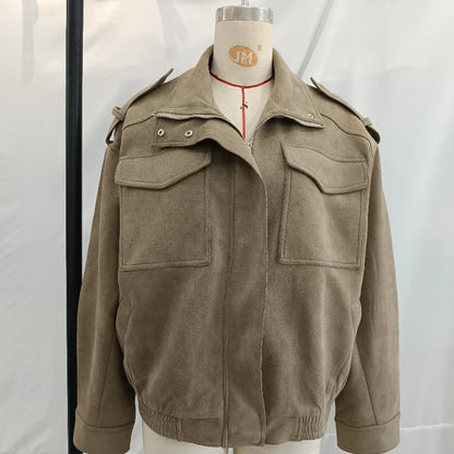 Fashion Suede Solid Coats Women Stand Neck Full Sleeve Zipper Pocket Jackets 2025 Autumn Winter New Female Moto Style Outerwear