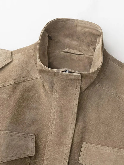 Fashion Suede Solid Coats Women Stand Neck Full Sleeve Zipper Pocket Jackets 2025 Autumn Winter New Female Moto Style Outerwear