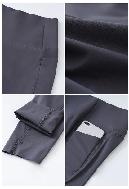 BIVIGAOS Autumn Winter Fleece Pocket Sharkskin Leggings Women High Waist Tight-Fit Velvet Thickened Warm Sports Running Leggings