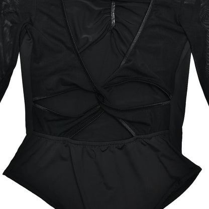 JULISSA MO Patchwork Sexy V-neck Sheer Mesh Women Bodysuit White Backless Long Sleeve Bodycon Autumn Elegant Party Clubwear 2025