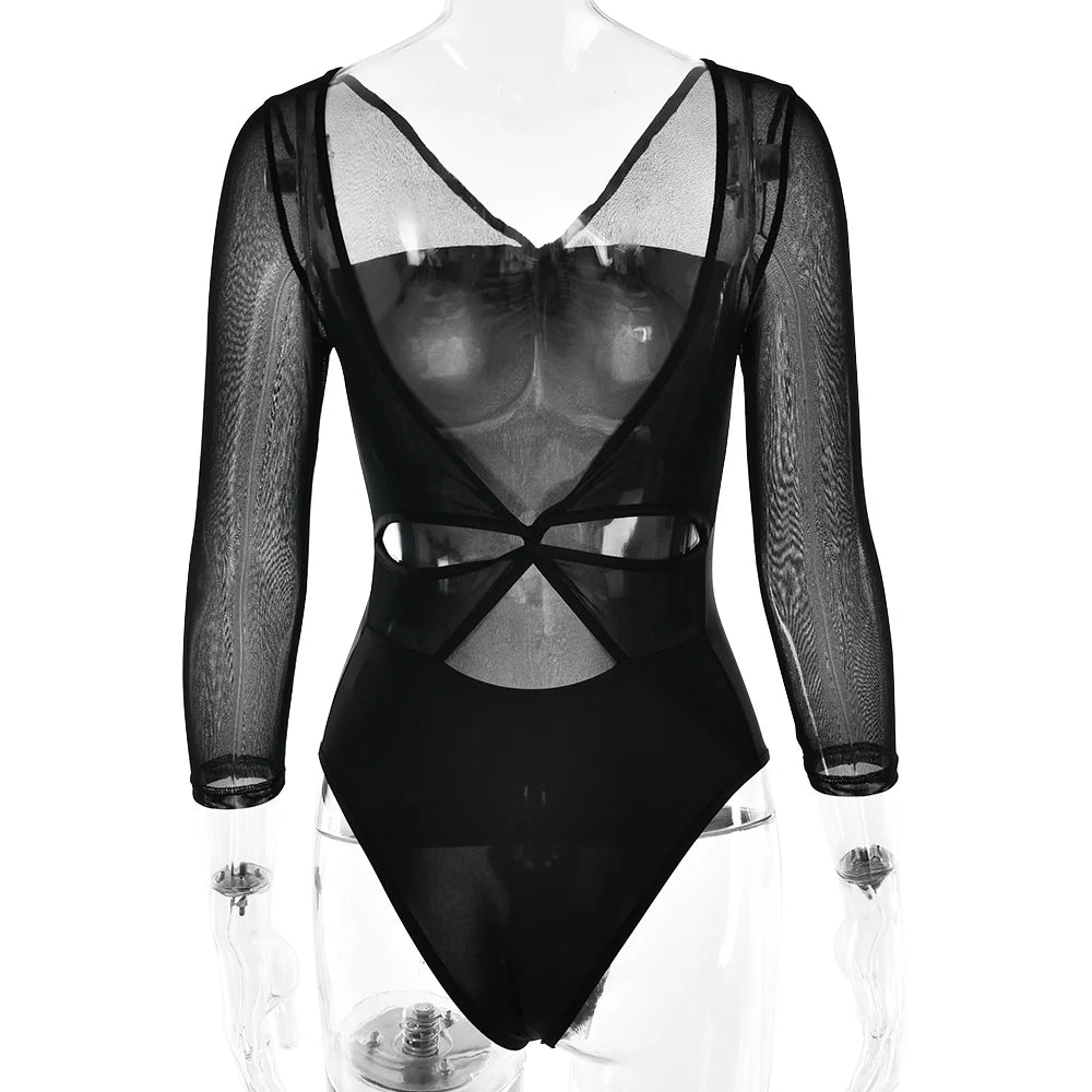 JULISSA MO Patchwork Sexy V-neck Sheer Mesh Women Bodysuit White Backless Long Sleeve Bodycon Autumn Elegant Party Clubwear 2025