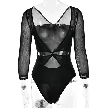 JULISSA MO Patchwork Sexy V-neck Sheer Mesh Women Bodysuit White Backless Long Sleeve Bodycon Autumn Elegant Party Clubwear 2025
