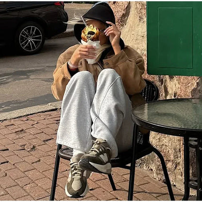 Solid Suede Zipper Short Jacket Women's Retro Full Sleeve Lapel Collar Pocket Elastic Waist Loose Overcoat Lady High Streetwear