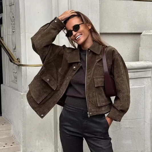 YENKYE Women Front Patch Pockets Faux Leather Bomber Jacket Long Sleeve Zipper Autumn Winter Coat 2025 Loose Outerwear