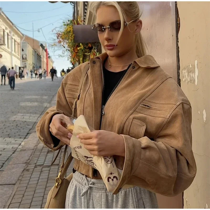 Solid Suede Zipper Short Jacket Women's Retro Full Sleeve Lapel Collar Pocket Elastic Waist Loose Overcoat Lady High Streetwear