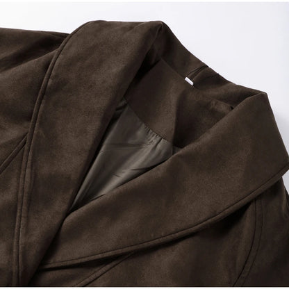 2025 Autumn New Belt Suede Jackets Women Lapel Long Sleeve One Button Lace Up Jacket Vintage Brown Loose Lady Outerwears Street