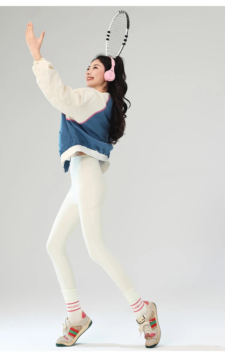 BIVIGAOS Autumn Winter Fleece Pocket Sharkskin Leggings Women High Waist Tight-Fit Velvet Thickened Warm Sports Running Leggings