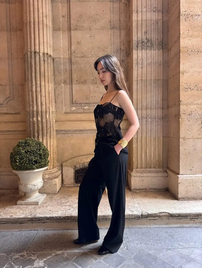 Lady Lace Patchwork Sling Top Sexy Sleeveless Off-shoulder Single Breasted See Through Blouse Women Chic Vacation Party Tops