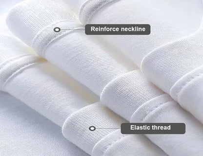 Close-up of white fabric with text labels 'Reinforce neckline' and 'Elastic thread'.