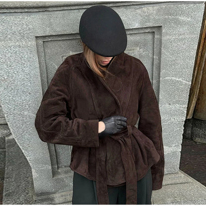 2025 Autumn New Belt Suede Jackets Women Lapel Long Sleeve One Button Lace Up Jacket Vintage Brown Loose Lady Outerwears Street