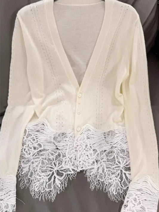 Retro V-Neck Single Breasted Lace Patchwork Knitted Cardigan 2025 New Fashion Spring Women'S Clothing