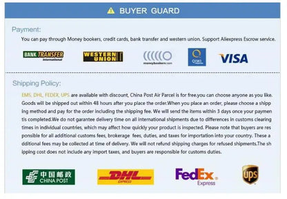 Screen displaying payment and shipping options with various logos on a blue and white background