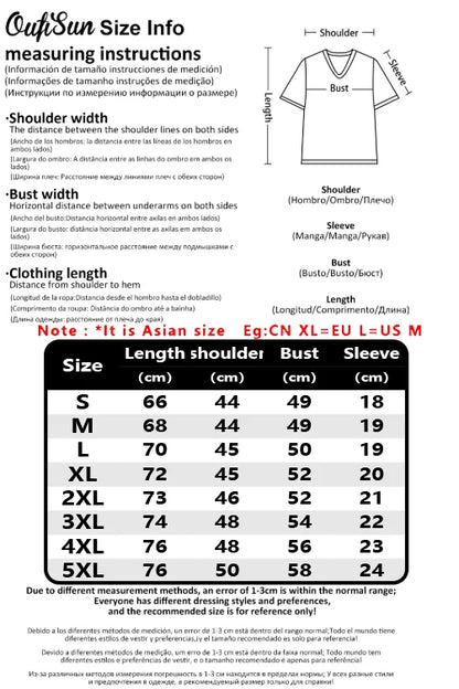 Size chart for shirts with measurement details and a sample shirt diagram.