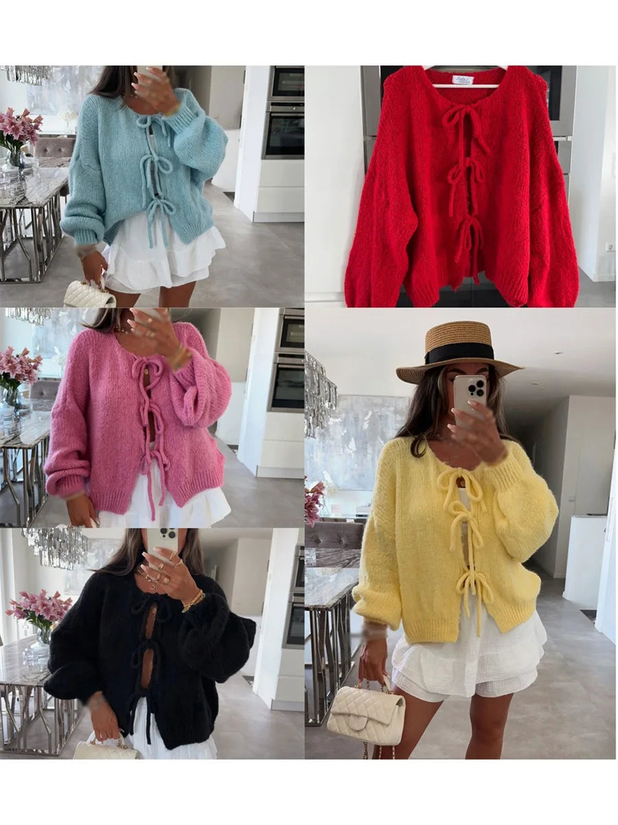 Knitwear Lace-Up Hollow Out Cardigan Top Women's Patchwork Fashion Autumn High Street Clothes Knit Y2k Bandage Cardigan