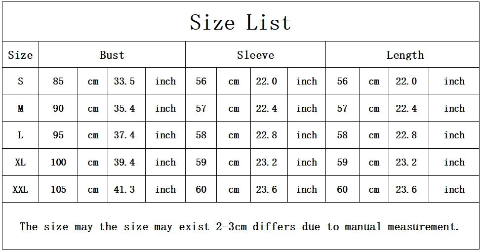 Size chart for clothing with measurements in centimeters and inches.