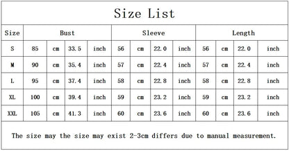 Size chart for clothing with measurements in centimeters and inches.