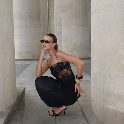 Lady Lace Patchwork Sling Top Sexy Sleeveless Off-shoulder Single Breasted See Through Blouse Women Chic Vacation Party Tops