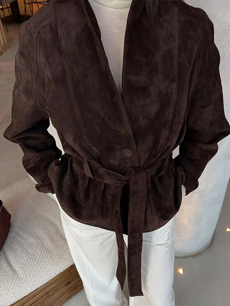 2025 Autumn New Belt Suede Jackets Women Lapel Long Sleeve One Button Lace Up Jacket Vintage Brown Loose Lady Outerwears Street