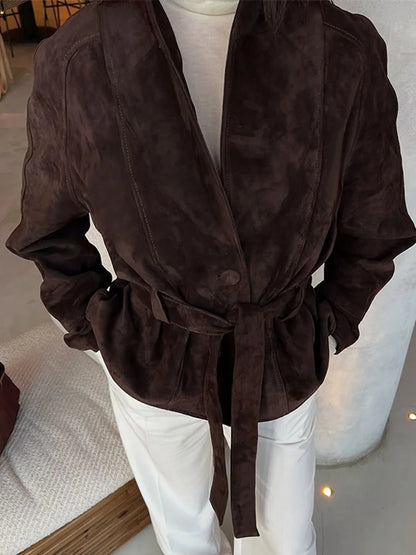 2025 Autumn New Belt Suede Jackets Women Lapel Long Sleeve One Button Lace Up Jacket Vintage Brown Loose Lady Outerwears Street