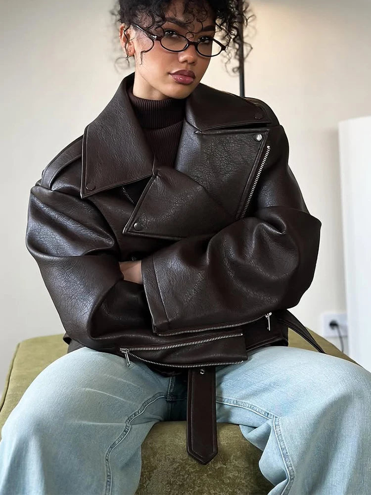 Casual Dark Red  Zipper Leather Short Jackets Women Long Sleeve Lace Up Lapel Loose Button Coat Lady Daily High Street Wear 2025