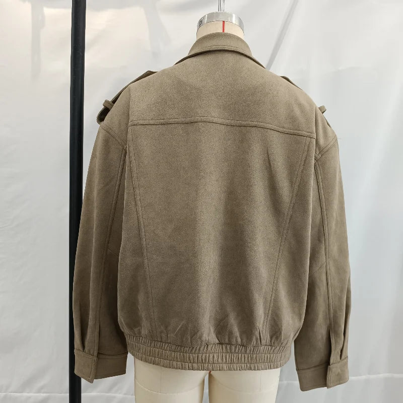 Fashion Suede Solid Coats Women Stand Neck Full Sleeve Zipper Pocket Jackets 2025 Autumn Winter New Female Moto Style Outerwear