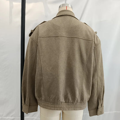 Fashion Suede Solid Coats Women Stand Neck Full Sleeve Zipper Pocket Jackets 2025 Autumn Winter New Female Moto Style Outerwear