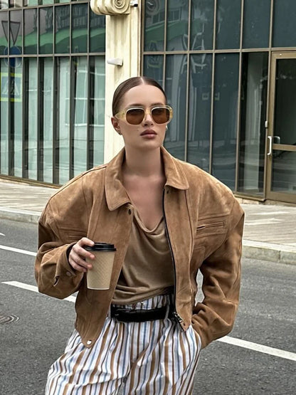 Solid Suede Zipper Short Jacket Women's Retro Full Sleeve Lapel Collar Pocket Elastic Waist Loose Overcoat Lady High Streetwear