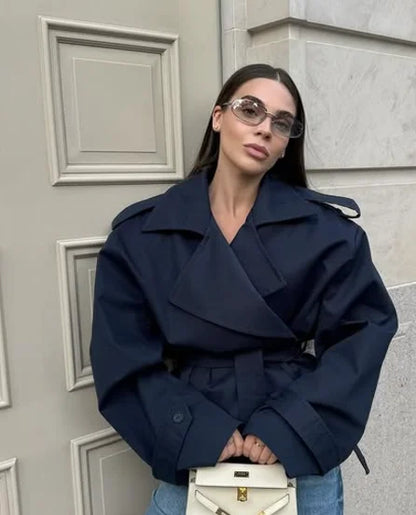 Solid Belted Oversized Windbreaker Women's Fashion Full Sleeve Button Loose Long Coat 2025 Office Lady Daily Commute Overcoats