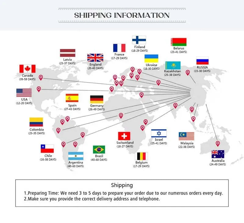 World map with shipping time indicators to various countries