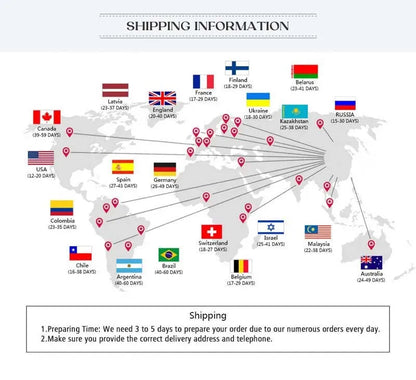 World map with shipping time indicators to various countries