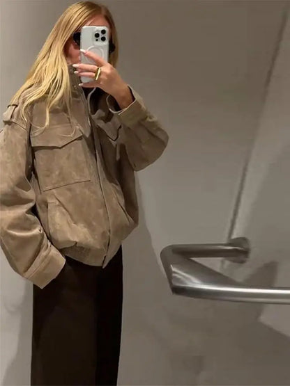 Fashion Suede Solid Coats Women Stand Neck Full Sleeve Zipper Pocket Jackets 2025 Autumn Winter New Female Moto Style Outerwear