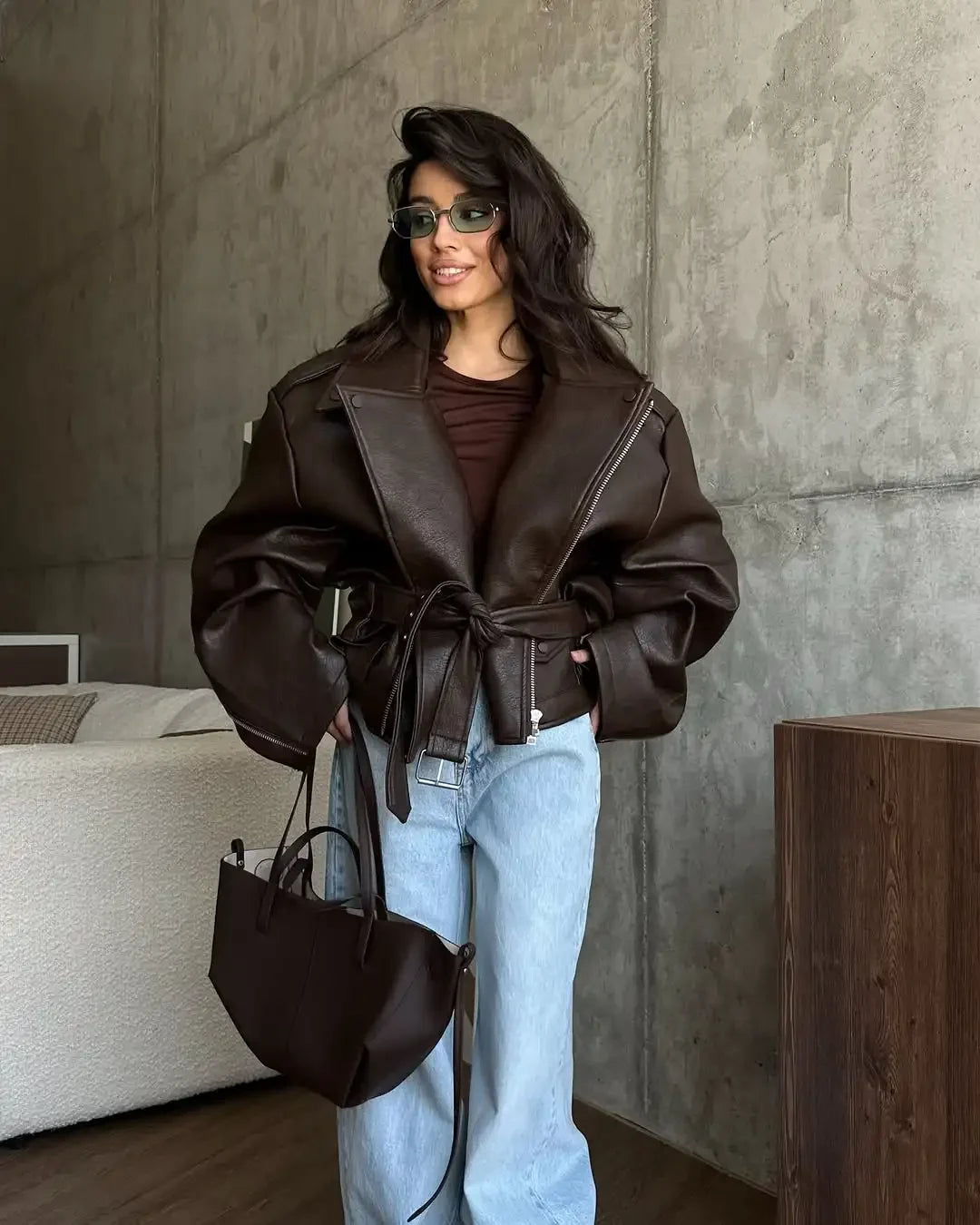 Casual Dark Red  Zipper Leather Short Jackets Women Long Sleeve Lace Up Lapel Loose Button Coat Lady Daily High Street Wear 2025