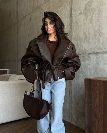 Casual Dark Red  Zipper Leather Short Jackets Women Long Sleeve Lace Up Lapel Loose Button Coat Lady Daily High Street Wear 2025