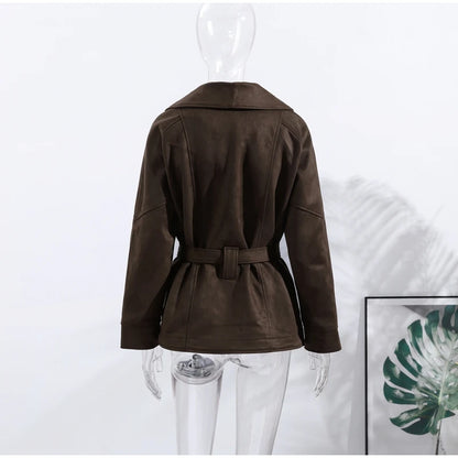 2025 Autumn New Belt Suede Jackets Women Lapel Long Sleeve One Button Lace Up Jacket Vintage Brown Loose Lady Outerwears Street